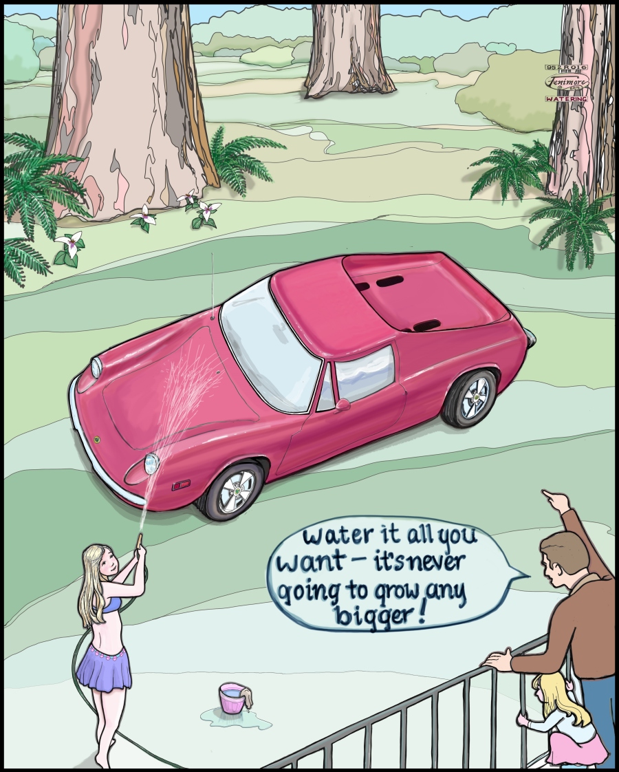 The last step was to caption and sign it. A nice added value to creating the cartoon digitally is that the car can be swapped out so that if you have a Fiat 850 Spyder or a Mini, a cartoon can be made just for you without redrawing the entire panel