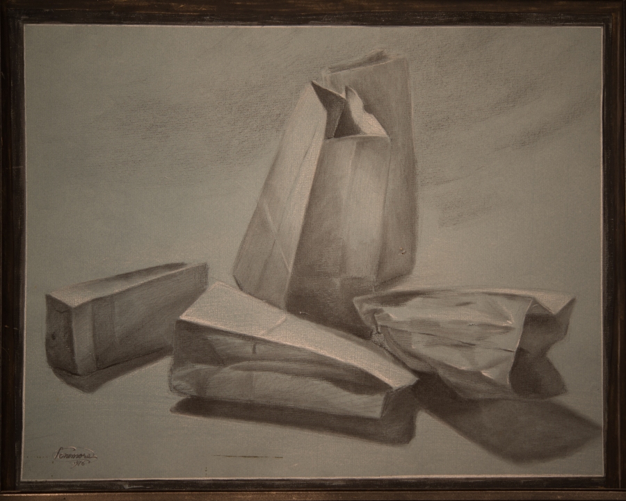 The instructor would toss the bags out in  a pile and have us sketch them with black and white conte. Dad had a fondness for this 1977 sketch.